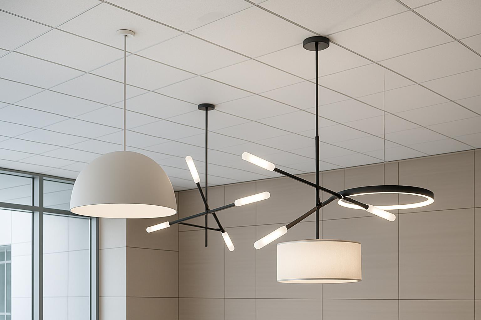 The image depicts a modern ceiling suspended with two pendant lights. Each pendant light comprises various shapes and size...